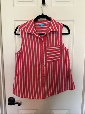 Draper James Red & White Sleeveless Striped Button-Up Tank